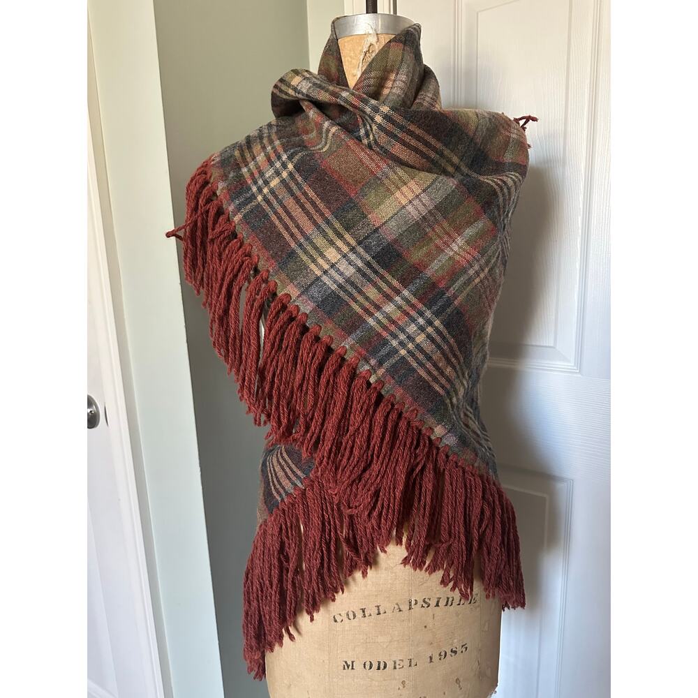 Vintage Plaid Wool Shaw Fringe Triangle brown rust gray olive green 82”x82” - Picture 8 of 16